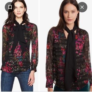 Trina Turk Demming Printed Tie Neck Silk Black/Multi Blouse - NWT Size Medium